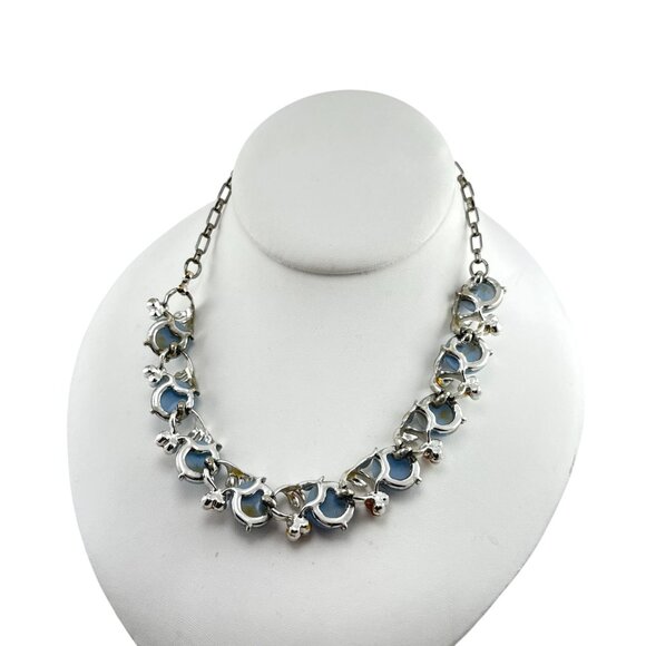 Vintage Blue Moonglow Bead & Faux Pearl Necklace Earrings Set Silver Tone Floral - Picture 7 of 10